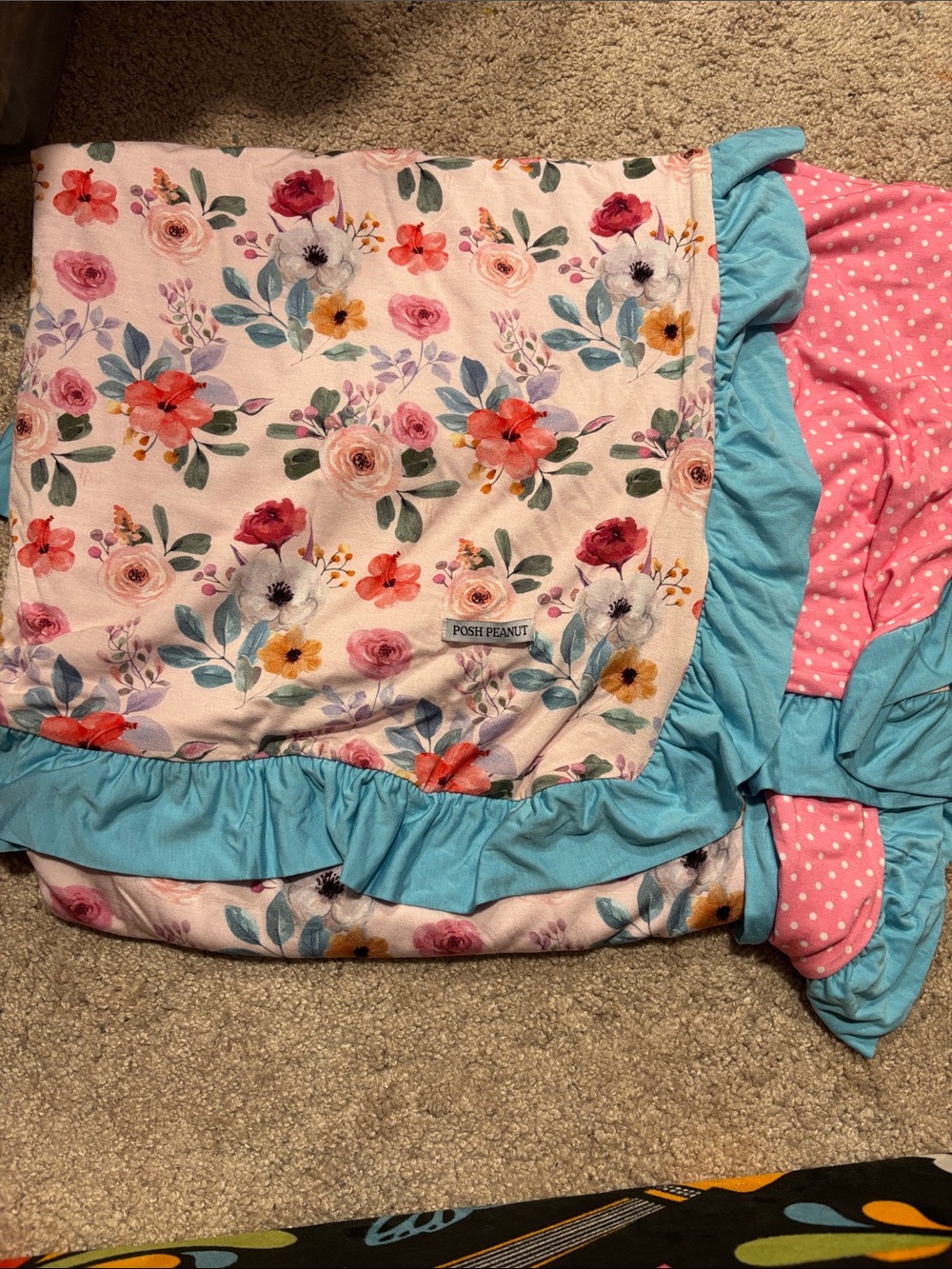 Posh Peanut Floral Blanket with Blue Ruffle and Pink Polka Dot Backing